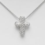 Pendant and chain in 18k white gold. Model latin cross lined with diamonds, brilliant cut,