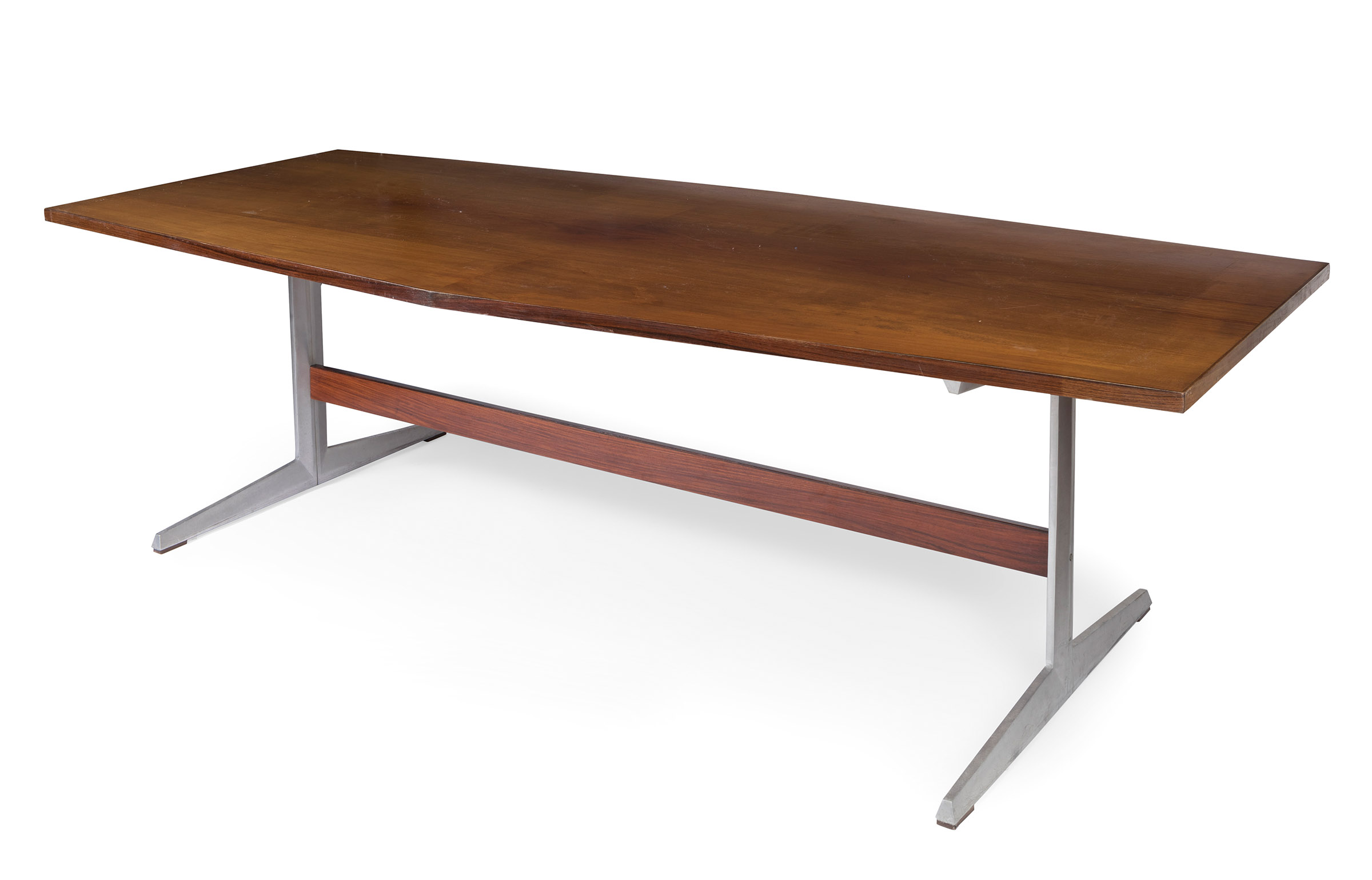 Boardroom table. Denmark, 1960s.Wood and metal.Use marks.Measurements: 72 x 250 x 110 cm.Table of