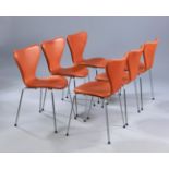 ARNE JACOBSEN (Denmark, 1902 - 1971) for FRITZ HANSEN.Set of six chairs "Series 7", model 3107.Satin