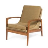 NIELS KOEFOED (Denmark, 20th century).Armchair, ca. 1960.Teak wood, fabric upholstery.In need of