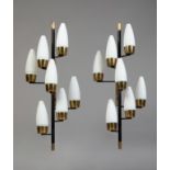 Pair of STILNOVO wall lamps, 1960s.Opal glass and brass.Incomplete electrical wiring. Damage.