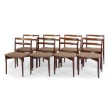 Set of eight chairs. Denmark, ca.1960'sRosewood. Fabric upholstery.Use marks.Measurements: 76 x 49 x