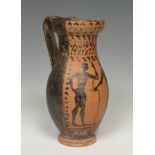 Olpe; Etruria, circa 500 BC.Black-figure pottery.It has a slight stable figure on the neck.