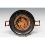 Kylix; Attica, around 400 BC.Red-figured pottery.It has fractures and restored fillings.Size: 6 x 25