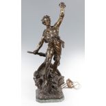 Bronze lamp base, late 19th - early 20th century."Detresse.Patinated calamine.Electrified.