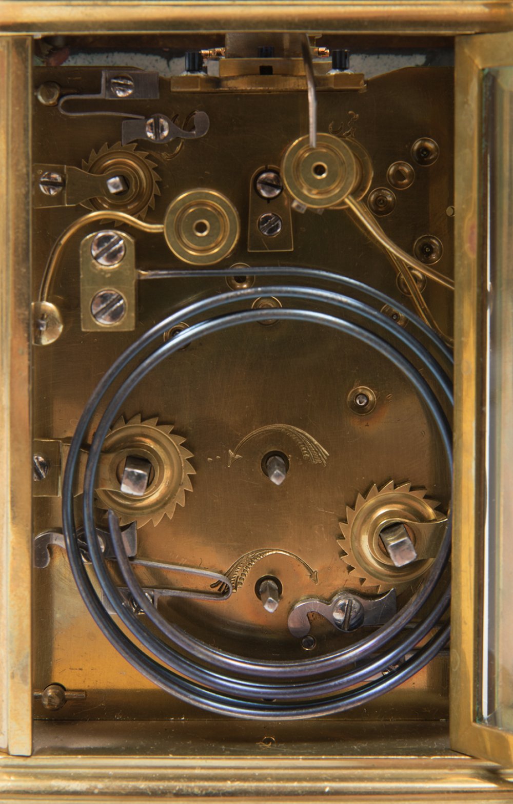 Travel clock; late 19th century.Bronze and bevelled glass.No key preserved.Precise set-up. - Image 5 of 6