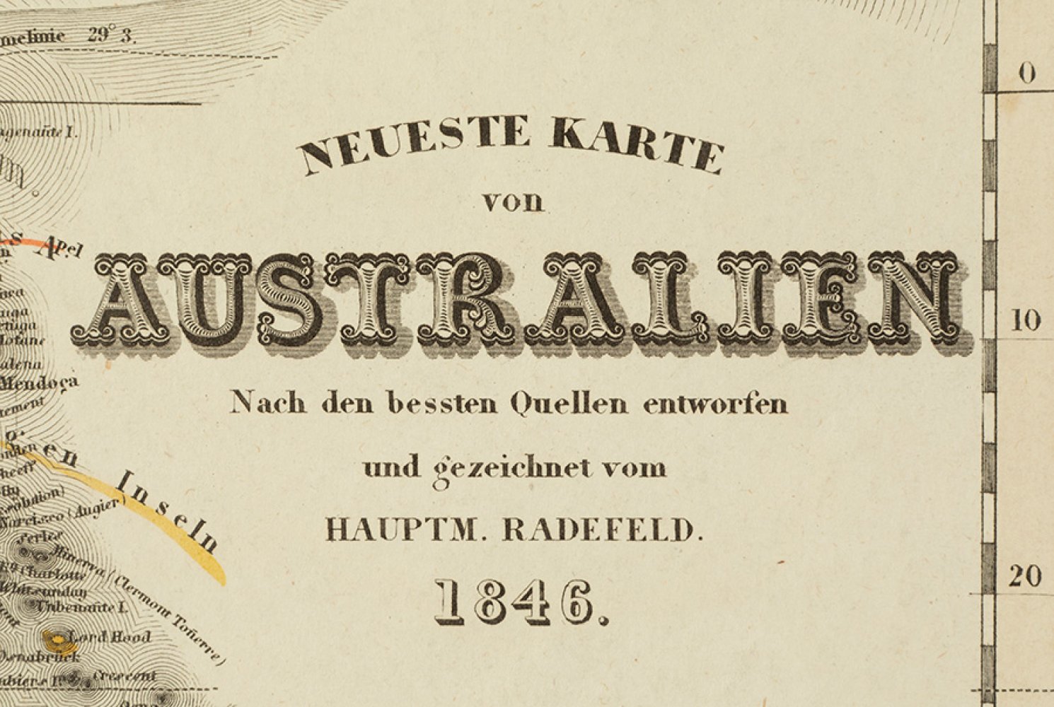 Map of Australia from 1846.Engraving on paper.German edition designed by Hauptm Radefeld.Moisture - Image 2 of 3