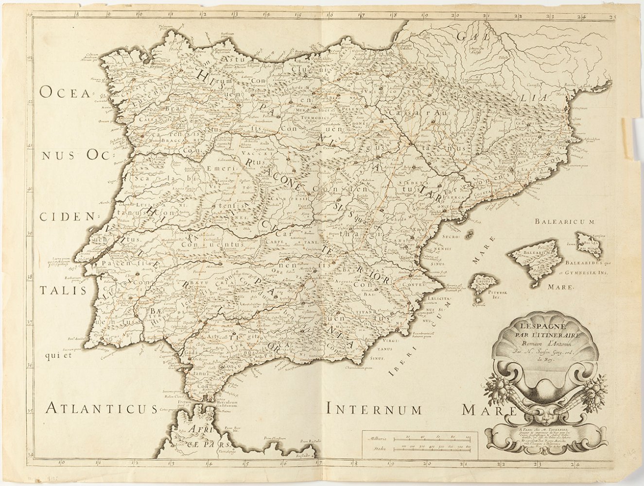 Map of Spain along the Roman itinerary of Antoninus. France, 18th century. Engraving on paper.Made