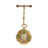 Pocket watch in 18 kts. yellow gold "MORANTI GENEVA". S. XIX. Enamel, pearls and blue stones.