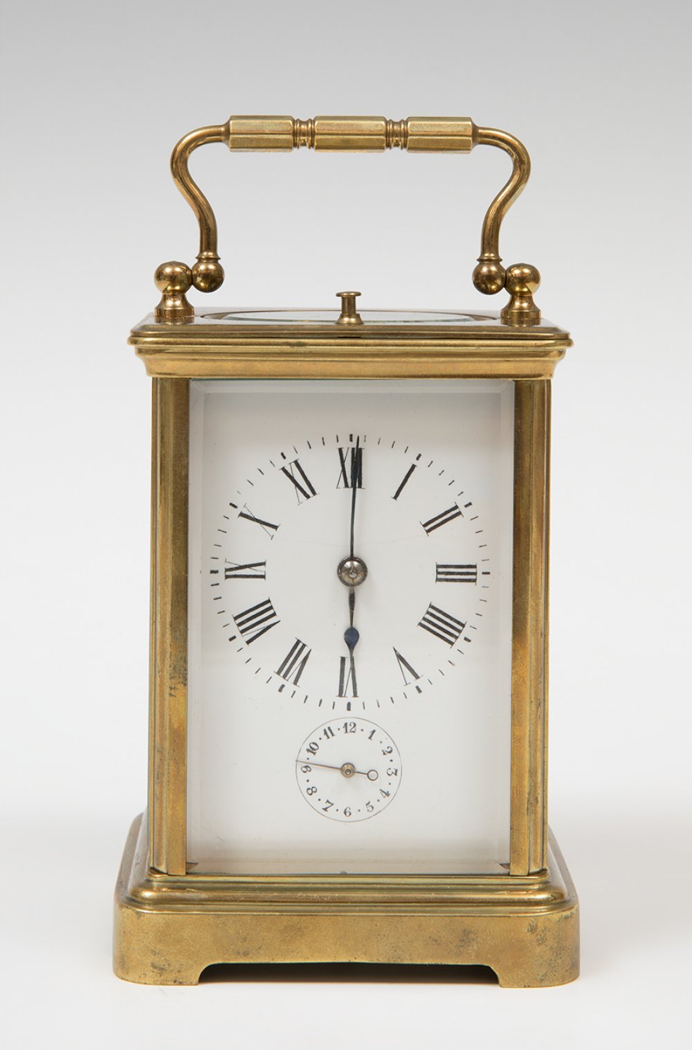 Travel clock; late 19th century.Bronze and bevelled glass.No key preserved.Precise set-up. - Image 3 of 6