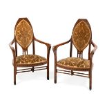 JOAN BUSQUETS I JANÉ (Barcelona, 1874 - 1949).Pair of modernist armchairs, ca. 1900-1910.Walnut,