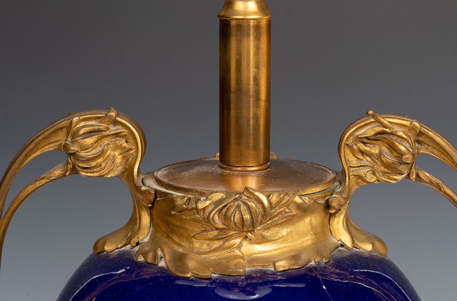 Art Nouveau vase transformed into a lamp stand, France, 20th century.Cobalt blue porcelain painted - Image 3 of 3