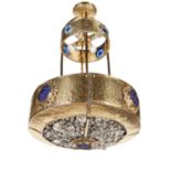 Ceiling lamp, ca.1900.In brass, leaded rock crystal and cibas.Measurements: 90 x 56 x 56,5 cm.