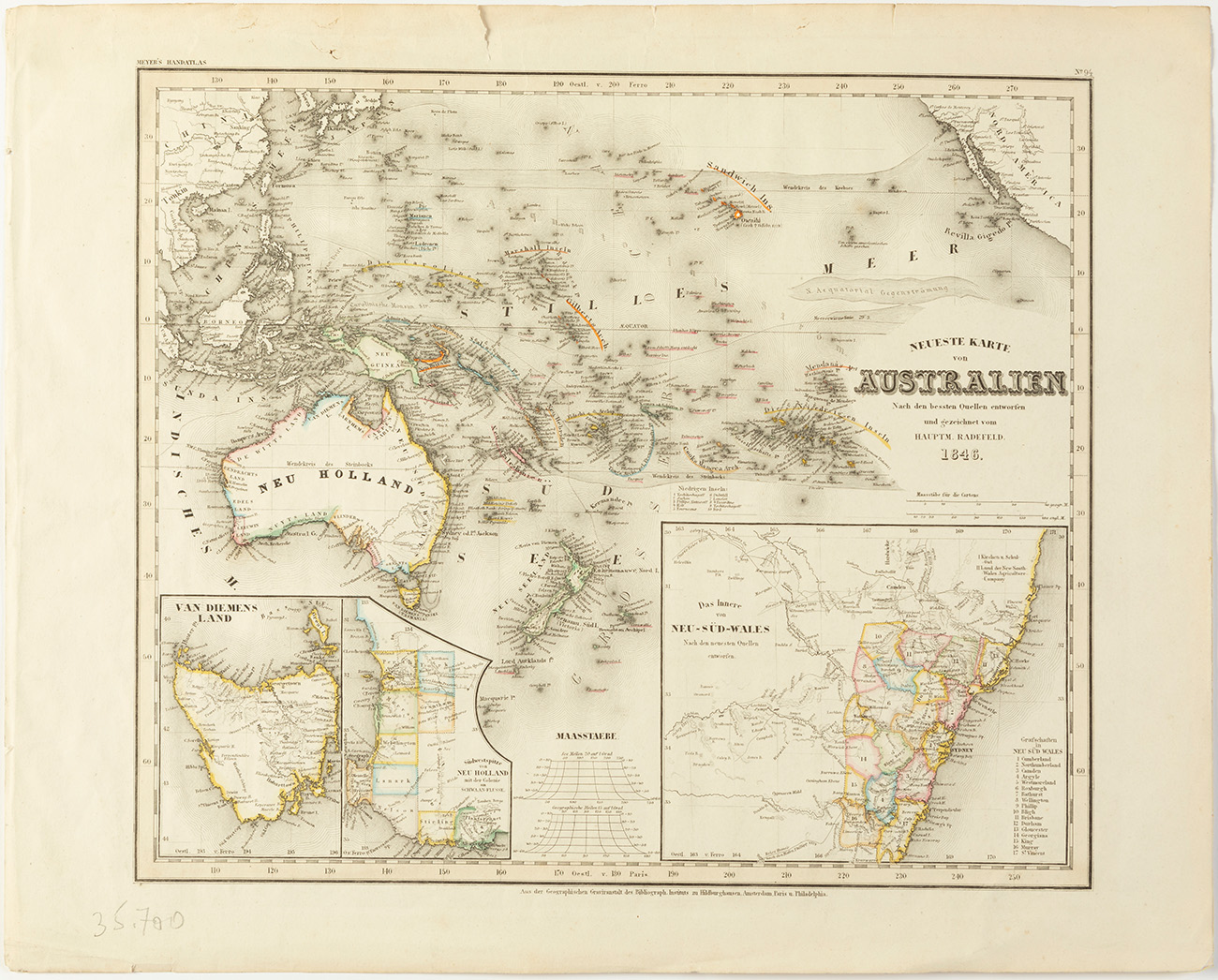 Map of Australia from 1846.Engraving on paper.German edition designed by Hauptm Radefeld.Moisture