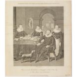 English engraving, late 18th century."Christopher Columbus and his sons".Engraving on paper.