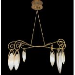 Art Nouveau style lamp. Italy, 1970s.Gilded metal structure and Murano glass lampshades.