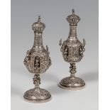 Pair of perfumers, Following German Renaissance models; 19th century.Silver.One of them has a