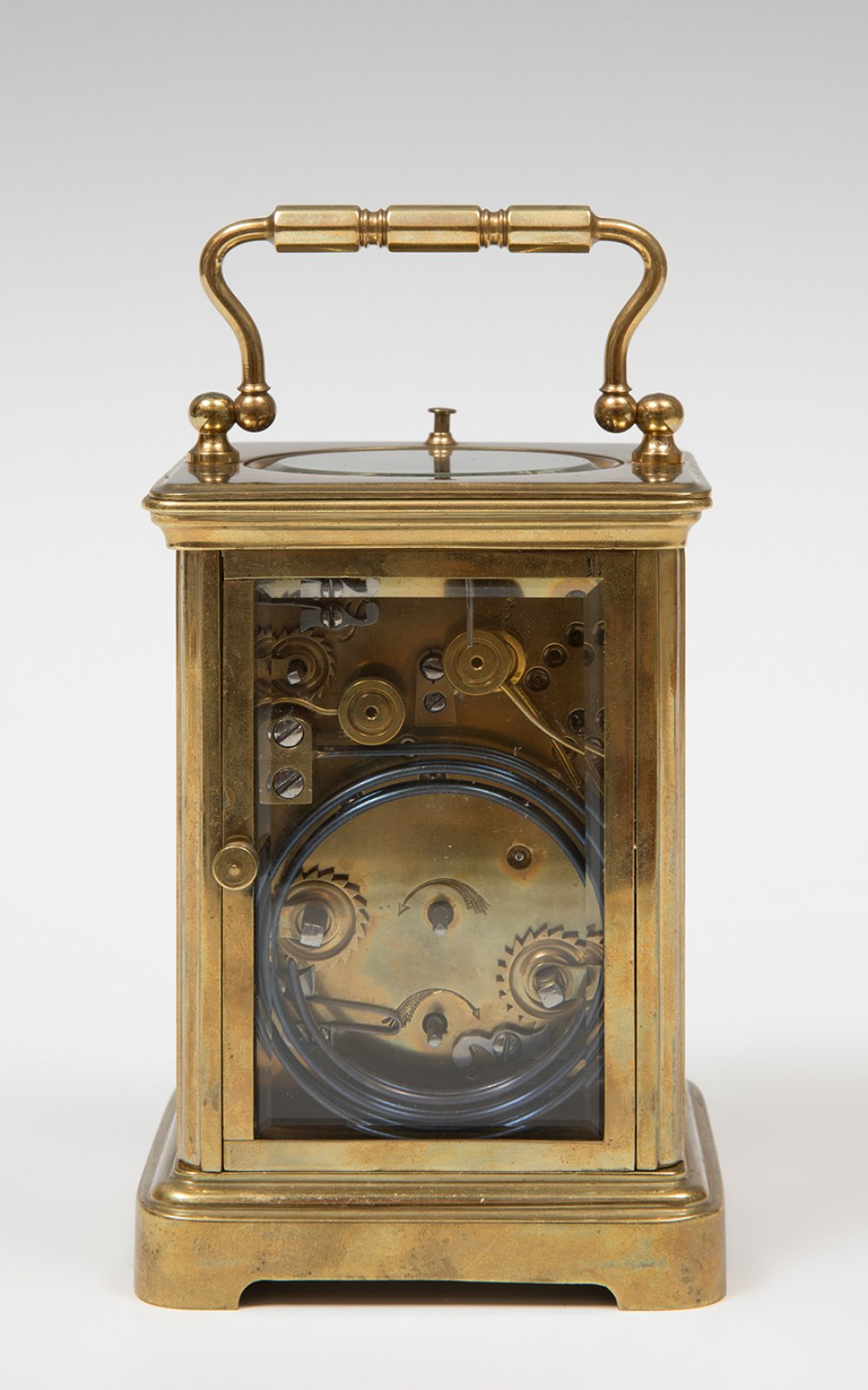 Travel clock; late 19th century.Bronze and bevelled glass.No key preserved.Precise set-up. - Image 4 of 6