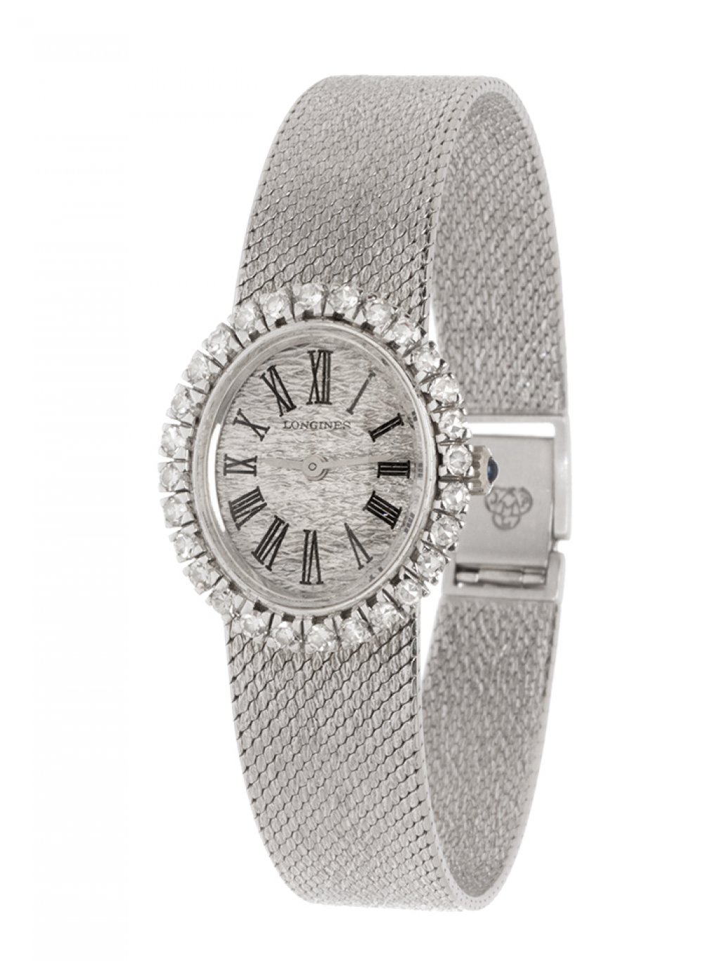 LONGINES ladies' watch, 1970s.In 18kt white gold. Oval case with satin-finished dial engraved in the
