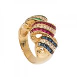 Ring in 18k yellow gold designed by ALEN DIONE for DRUGUET. Frontis with calibrated emeralds, rubies