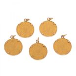 Set of five coins in 22kts gold bordered by 18kts fluted bezel. Obverse with the image of King