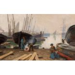 DIONÍS BAIXERAS VERDAGUER (Barcelona, 1862 - 1943)."Shipyard".Oil on canvas.Signed in the lower left