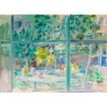 JULIÁN GRAU SANTOS (Canfranc, Huesca, 1937)."Mimosas through the greenhouse".Oil on paper and