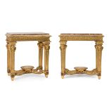 Pair of consoles; Louis XIV style; France, late 19th century.Stuccoed and gilded wood.Restorations.