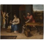 Spanish Renaissance school; 16th century."Holy Family in the Workshop of Saint Joseph".Oil on pine