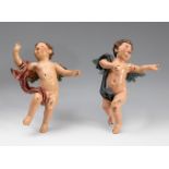 European school of the 18th century."Pair of angels".Carved wood.Lack of paint. Retains its original