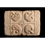 Visigothic tile, 6th-8th century.Ceramic.Measurements: 27 x 39 x 6 cm.Visigothic tile, carved with