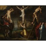 Flemish school, mid 17th century."Calvary".Oil on copper.With repainting. Restorations.Measurements: