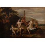 Dutch School; late 17th century."Bacchanal".Oil on oak panel. With restorations. Frame from the 19th