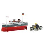 Dampfschiff und Motorrad Schuco Modell