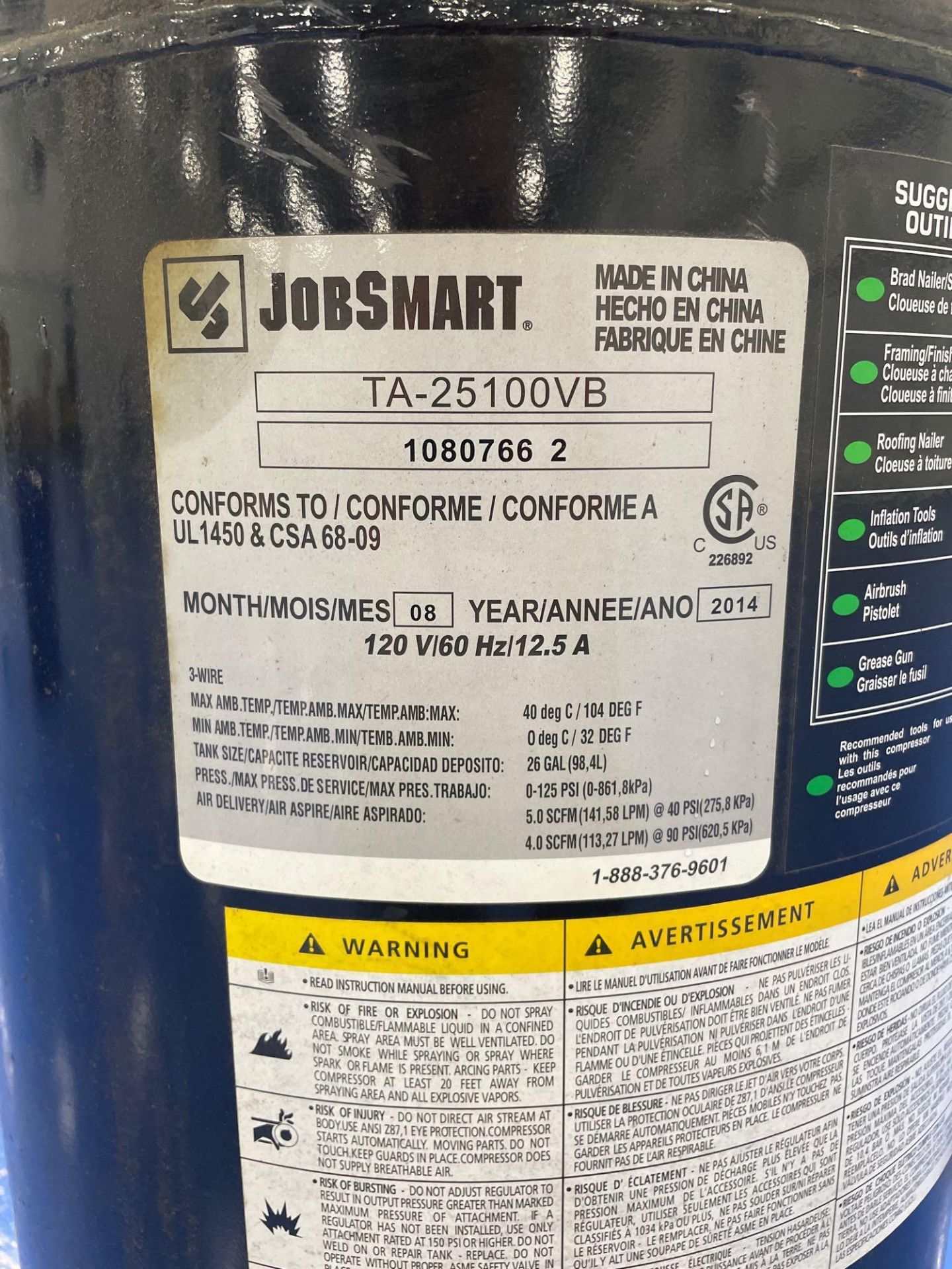 Jobsmart TA-25100VB 26 GAL 125 PSI Air Compressor - Image 5 of 6