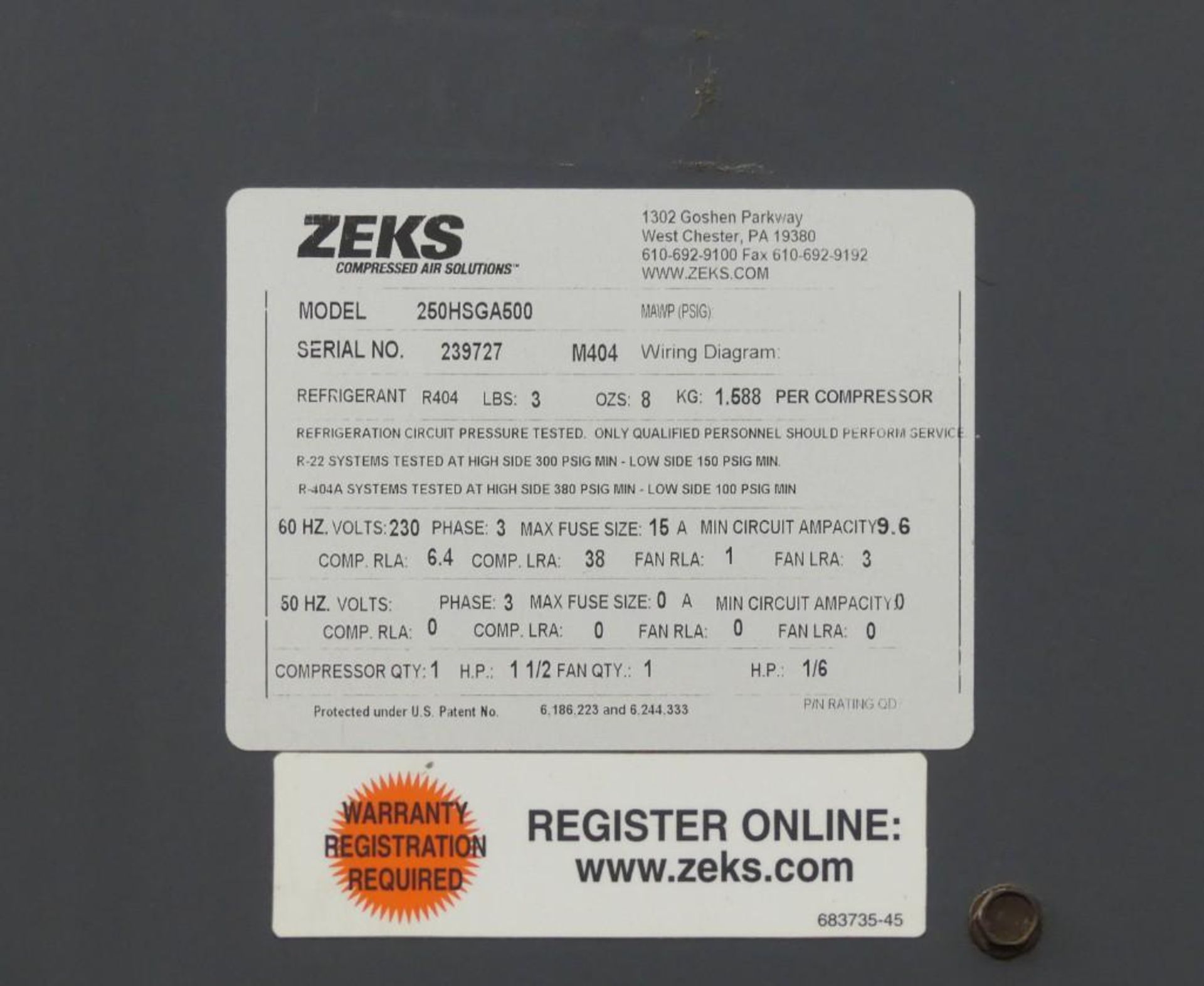 Zeks 250HSGA500 Refrigerated Compressed Air Dryer - Image 9 of 11