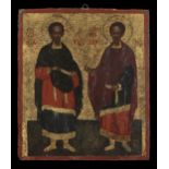 Ionian School Icon: Saints Kosmas and Damian (Arnagyroi) (17th century)
