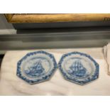 A Pair of Fine Liverpool Delftware Octagonal Ship Plates - Dated 1761