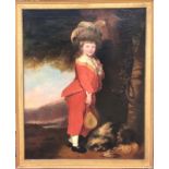 [Δ] Full-length Portrait of a Boy in Red, holding a badminton racquet beneath a tree, a dog asleep