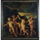 Dancing Amorini. Venetian School, c. 1600. Oil on canvas. Dimensions:  Framed: 44.5 in (H) x 43