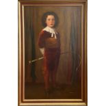 A Victorian portrait of a young boy in van Dyck costume, holding a riding whip. Signed and dated