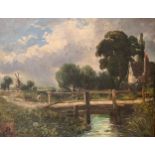 [?] Landscape with Windmill (Circle of Constable). Oil on Panel.  Dimensions:  Unframed: 12 in (H) x