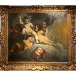 Circle of Guercino (1591-1666). ?Angels in Glory.? Oil on canvas.  Dimensions:  Framed: 39 in (H)
