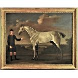 Skim, a Grey Racehorse, with Groom. Daniel Quigley (1750 - 1773). Dimensions:  Framed 34 in (H) x 42