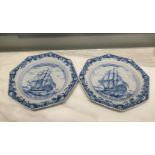 A Pair of Liverpool Delftware Octagonal Ship Plates (1761)