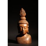 Burmese or Thai, Antique Carved Wooden Buddhaâ€™s Head with Flame of Enlightenment, Teak