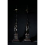 19th Century, A pair of bronze and hard stone lamps