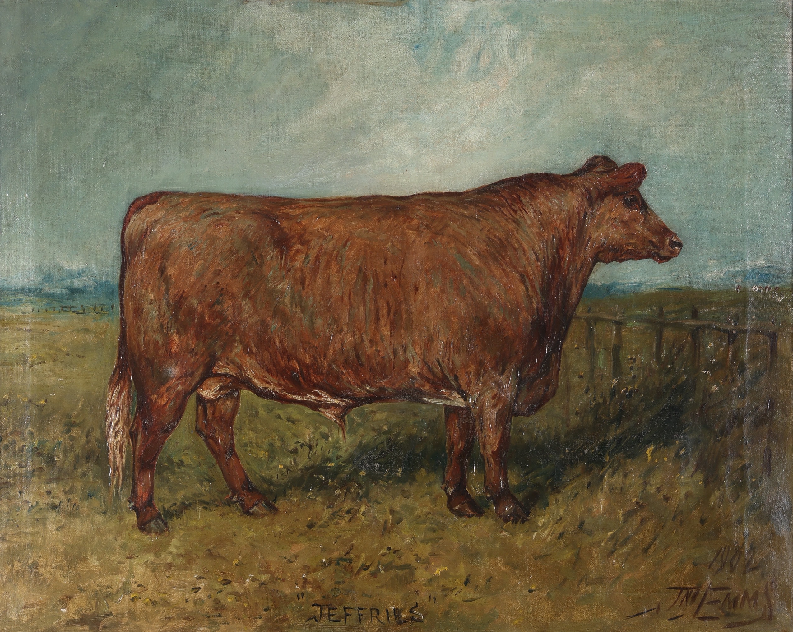 Emms, John (1844-1912), Portrait of a bull in a landscape (1902)