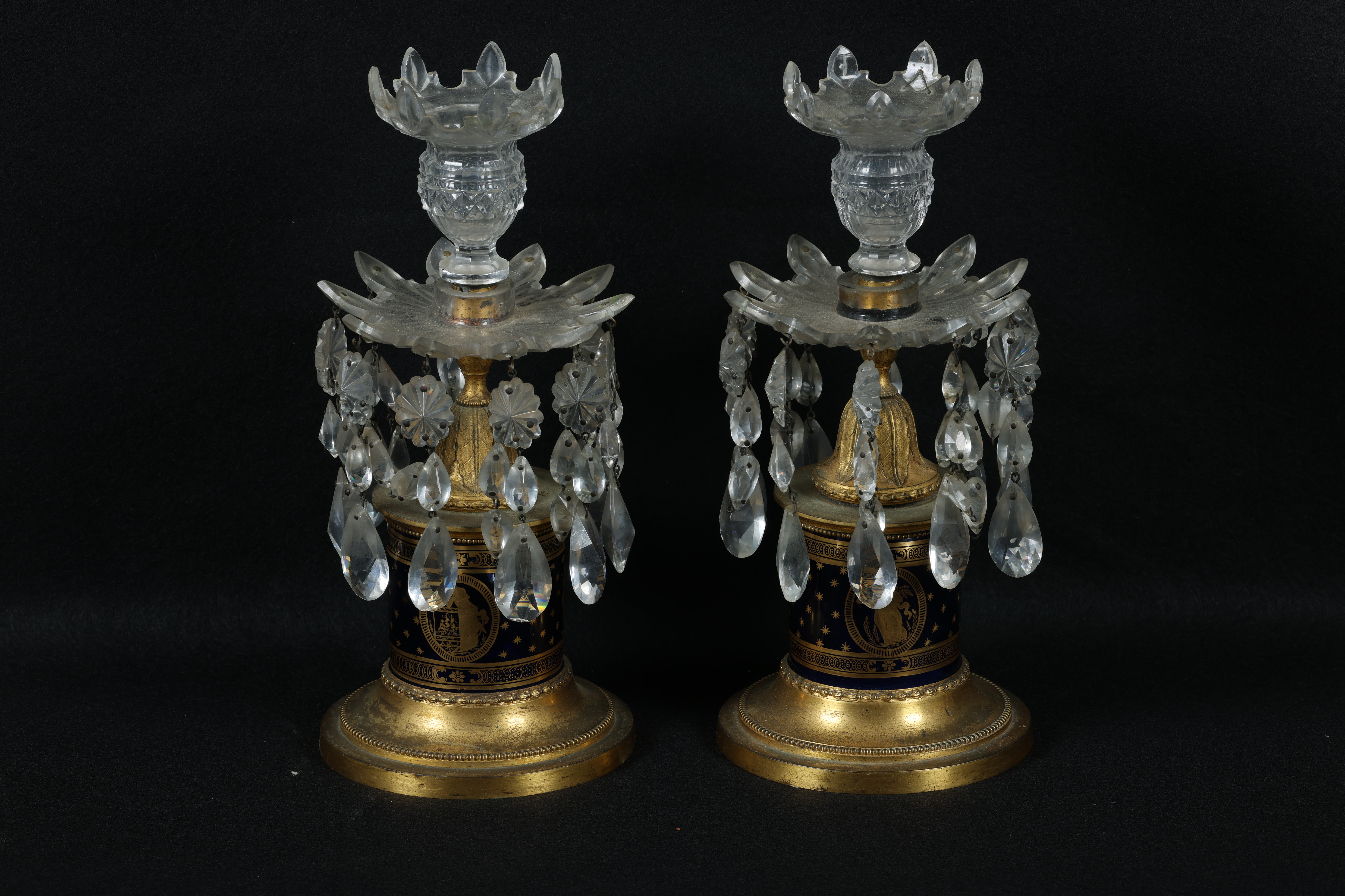 19th Century, A pair of ormolu-mounted, blue glass and gilded glass candlesticks