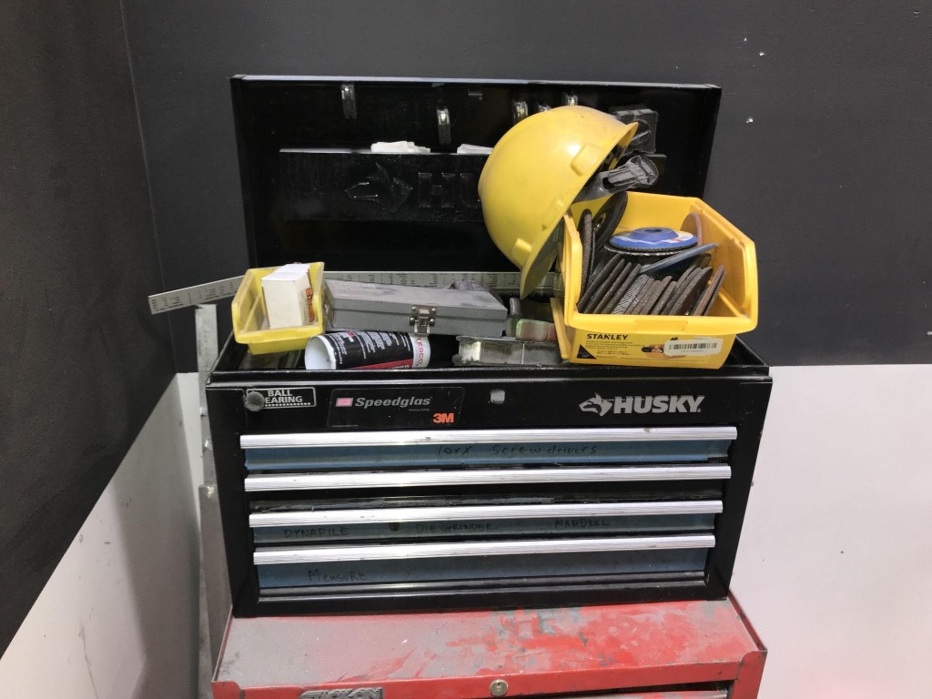 HUSKY 4-DRAWER TOOL BOX, ROLLING 2-TIER CART W/ 3 SHELVES, AND CONTENTS - Image 2 of 13